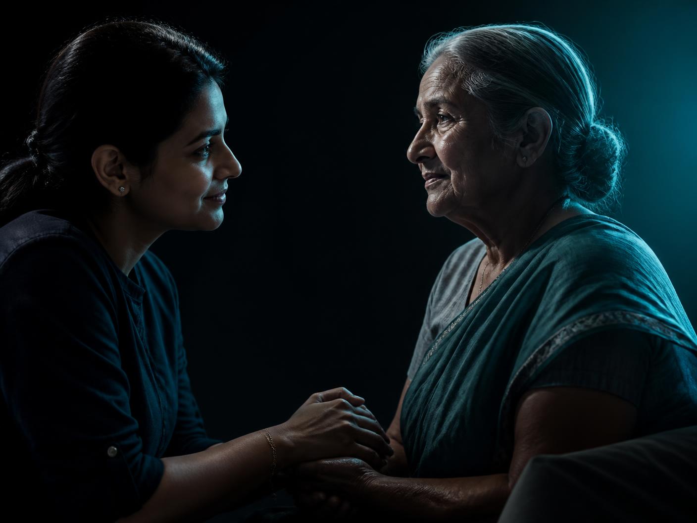 An adult daughter holding her elderly mother's hands